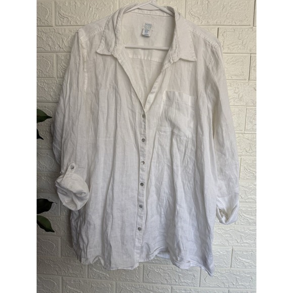 Sigrid Olsen Tops - Sigrid Olsen 100% linen white long sleeve button up roll tab coastal size XL